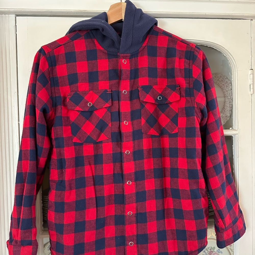 L.L Bean Red and Black Fleece Plaid Hooded Shirt Jacket